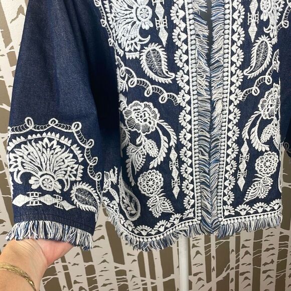 Soft Surroundings Mesaria Boho Embroidered Chambray Denim Fringe Trim Jacket XL - Picture 16 of 16